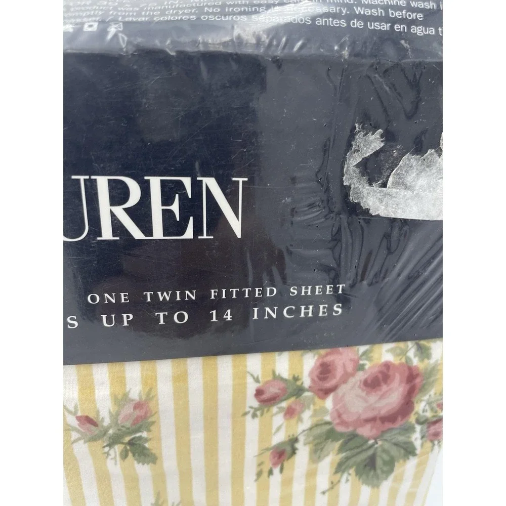 New Vtg Ralph Lauren Sophie Brooke Yellow Floral Stripe Twin ‎ Fitted Sheet NOS
